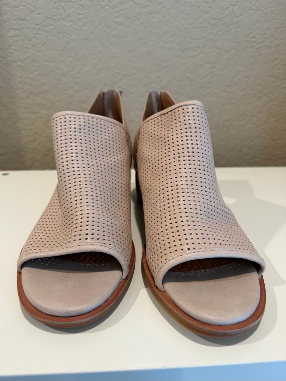 Sofft Perforated Open-Toe Heeled Booties in Tapioca Grey